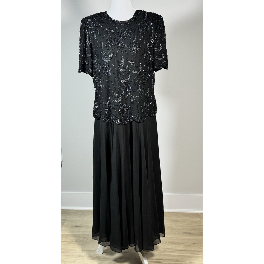 Vintage Victoria Morgan Black Beaded Evening Gown Size L Fits M/L Sequin Formal